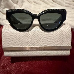 Jimmy Choo Black Sunglasses with White Snakeskin Case.  New in case.